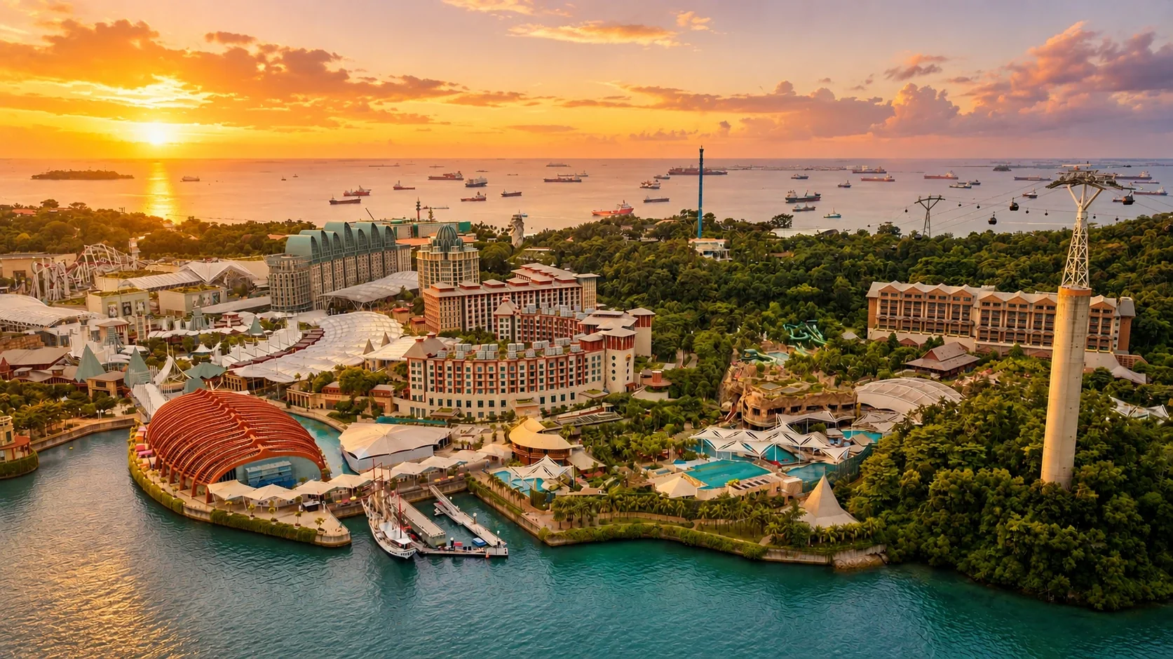 Aerial view of the Keppel Bay and Sentosa waterfront precinct at sunset, the setting for The Island Residence in District 4 Singapore