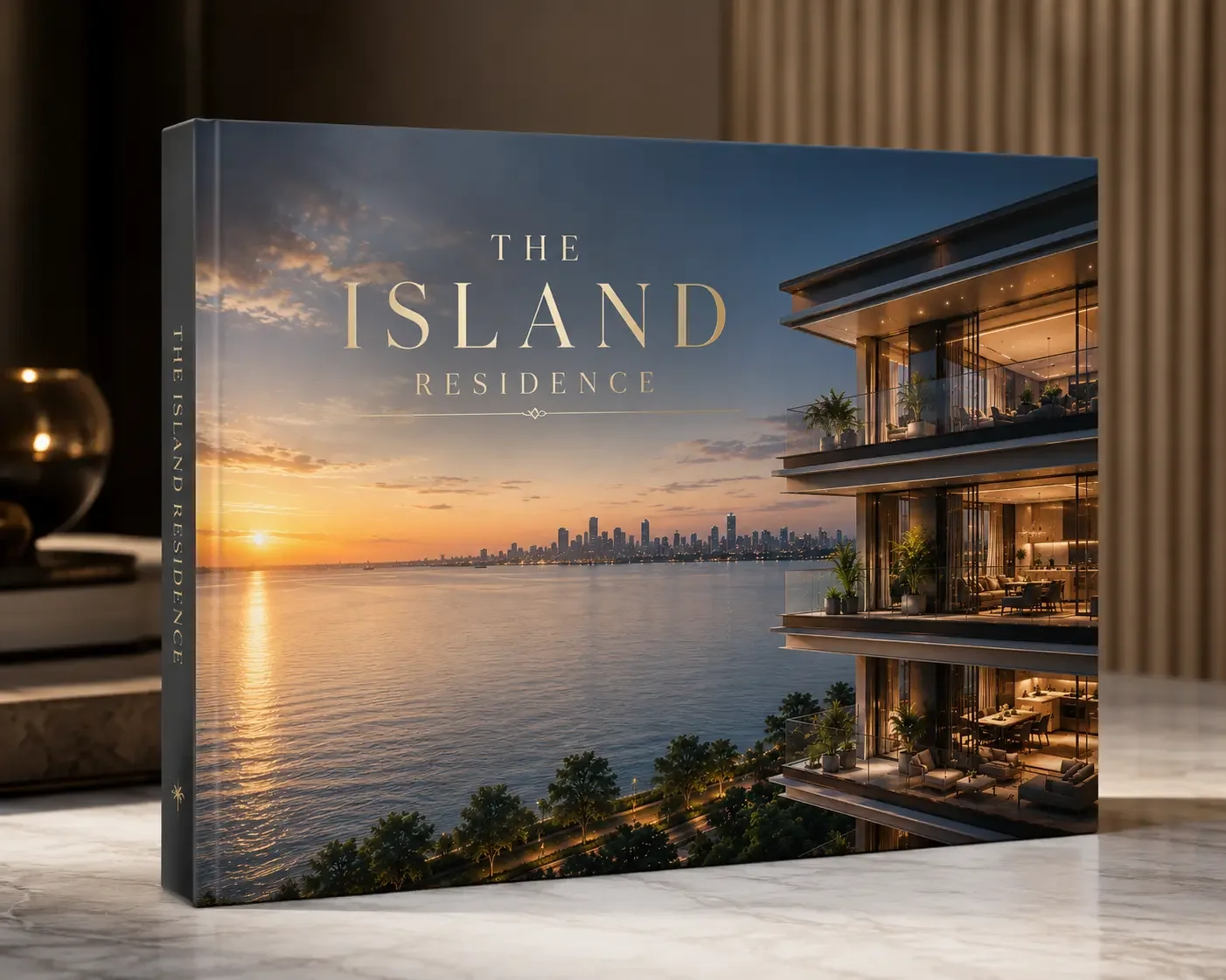 The Island Residence e-brochure cover showing the development's waterfront elevation at sunset