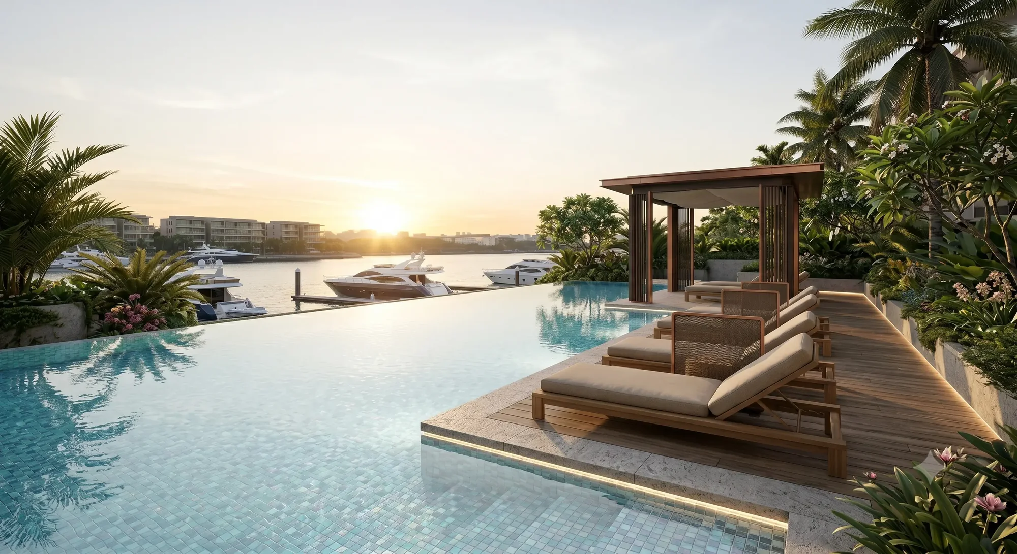 The Island Residence — infinity pool deck facing the yachts berthed at Marina at Keppel Bay, Keppel Island Singapore