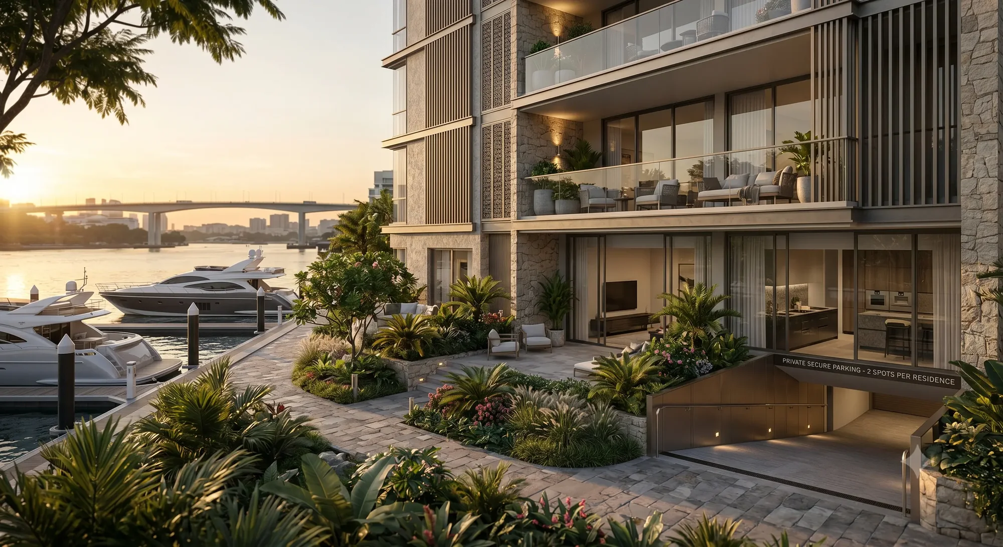 The Island Residence — low-rise waterfront frontage and landscaped arrival with the Keppel Bay Bridge in the background, District 4 Singapore